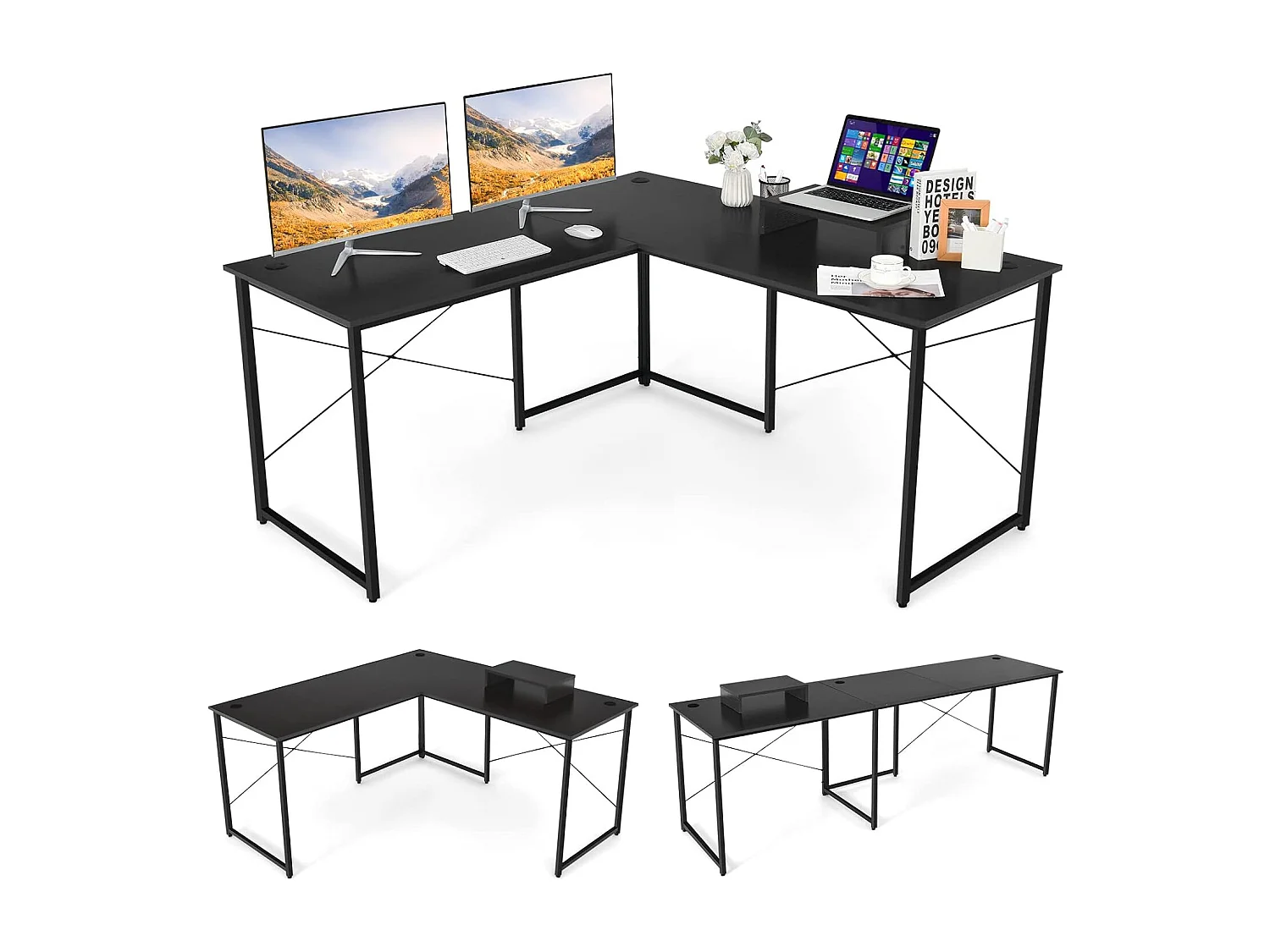 Bureau d'angle en L Réversible avec Support de Moniteur/Poste de Travail Industriel pour 2 Personnes avec 3 Trous de Câble-Assemblage Facile-150 x 150 x 74 CM, Noir
