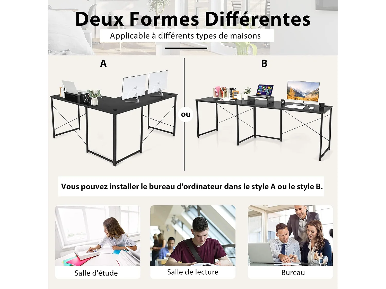 Bureau d'angle en L Réversible avec Support de Moniteur/Poste de Travail Industriel pour 2 Personnes avec 3 Trous de Câble-Assemblage Facile-150 x 150 x 74 CM, Noir