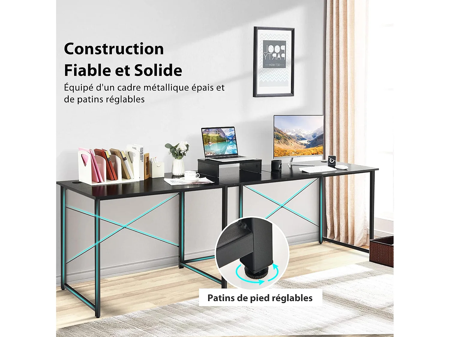 Bureau d'angle en L Réversible avec Support de Moniteur/Poste de Travail Industriel pour 2 Personnes avec 3 Trous de Câble-Assemblage Facile-150 x 150 x 74 CM, Noir
