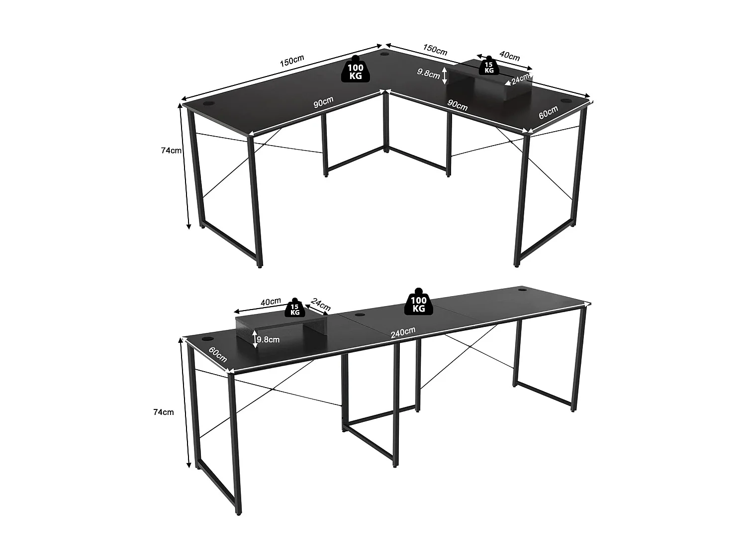 Bureau d'angle en L Réversible avec Support de Moniteur/Poste de Travail Industriel pour 2 Personnes avec 3 Trous de Câble-Assemblage Facile-150 x 150 x 74 CM, Noir
