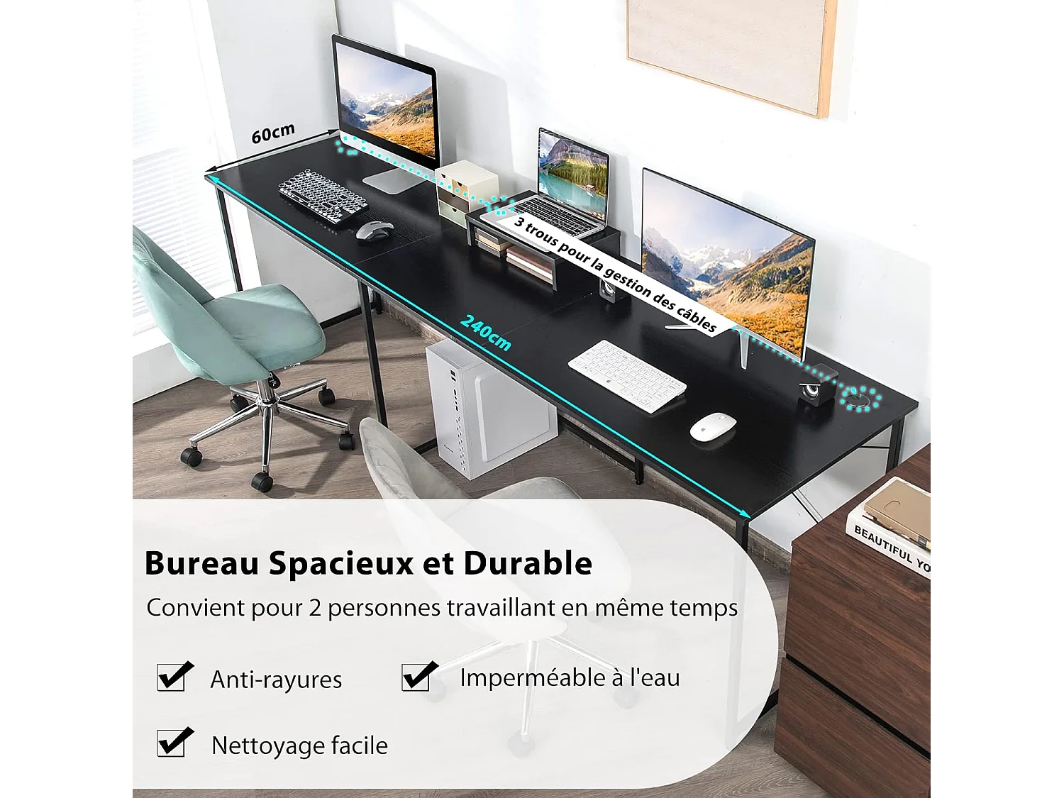 Bureau d'angle en L Réversible avec Support de Moniteur/Poste de Travail Industriel pour 2 Personnes avec 3 Trous de Câble-Assemblage Facile-150 x 150 x 74 CM, Noir