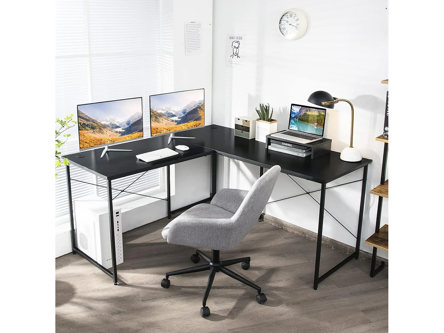 Bureau d'angle en L Réversible avec Support de Moniteur/Poste de Travail Industriel pour 2 Personnes avec 3 Trous de Câble-Assemblage Facile-150 x 150 x 74 CM, Noir
