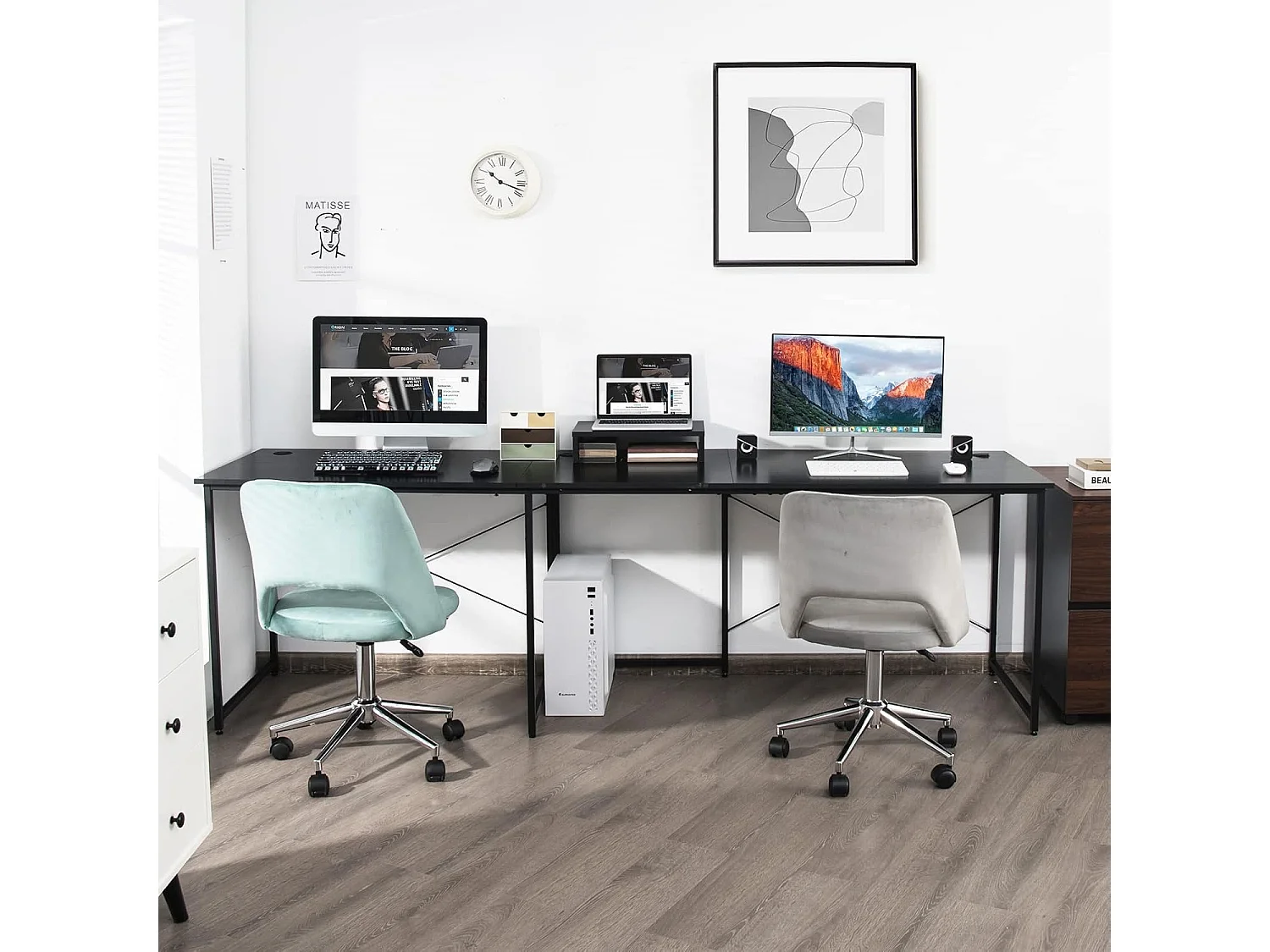 Bureau d'angle en L Réversible avec Support de Moniteur/Poste de Travail Industriel pour 2 Personnes avec 3 Trous de Câble-Assemblage Facile-150 x 150 x 74 CM, Noir