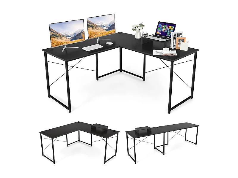 Omkeerbaar L-vormig hoekbureau met monitorstandaard/2-persoons industrieel werkstation met 3 kabelgaten, eenvoudige montage, 150 x 150 x 74 cm, zwart