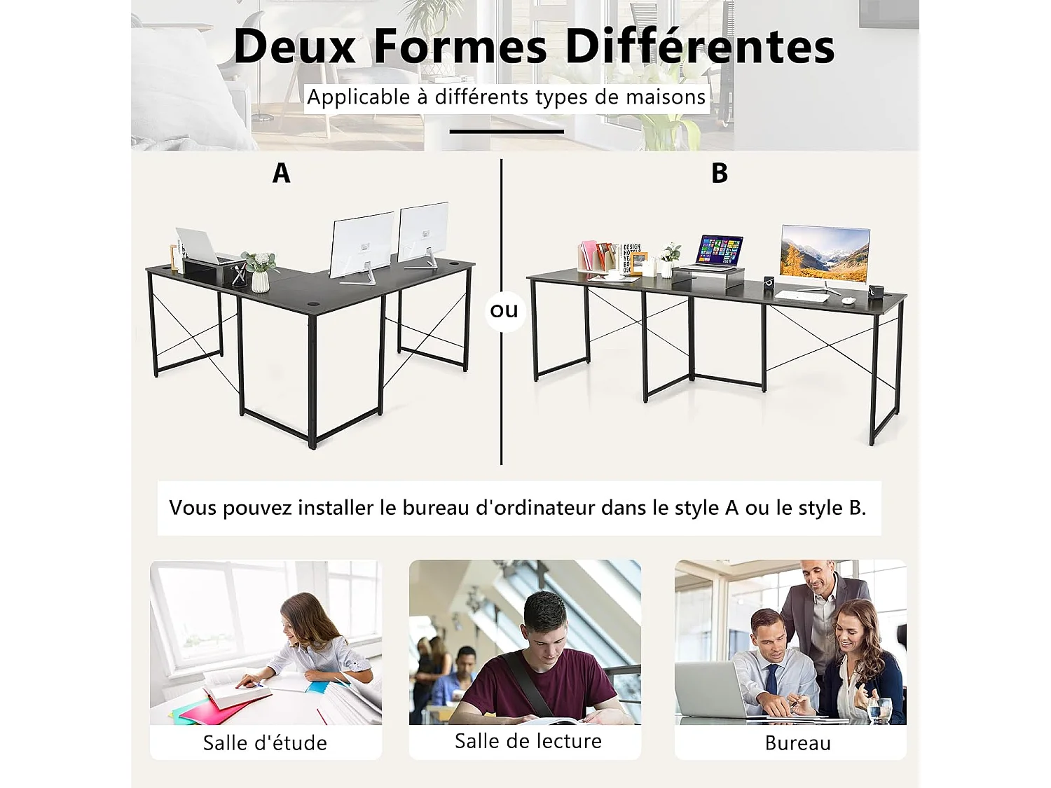 Bureau d'angle en L Réversible avec Support de Moniteur/Poste de Travail Industriel pour 2 Personnes avec 3 Trous de Câble-Assemblage Facile-150 x 150 x 74 CM, Brun