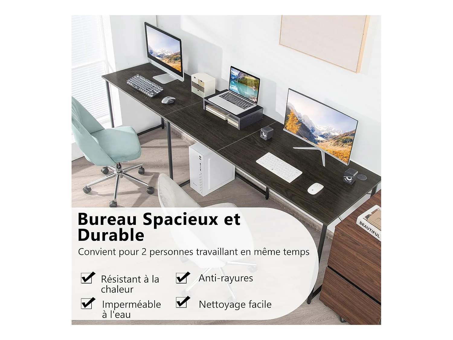 Bureau d'angle en L Réversible avec Support de Moniteur/Poste de Travail Industriel pour 2 Personnes avec 3 Trous de Câble-Assemblage Facile-150 x 150 x 74 CM, Brun