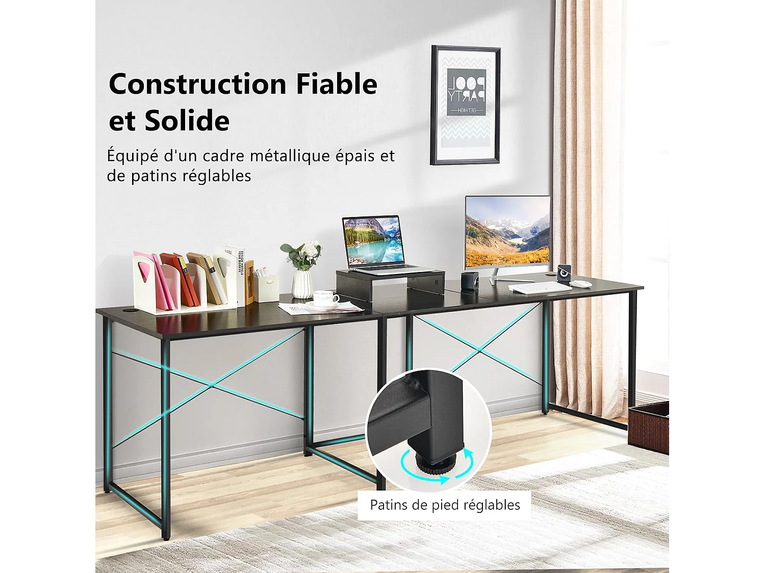 Bureau d'angle en L Réversible avec Support de Moniteur/Poste de Travail Industriel pour 2 Personnes avec 3 Trous de Câble-Assemblage Facile-150 x 150 x 74 CM, Brun