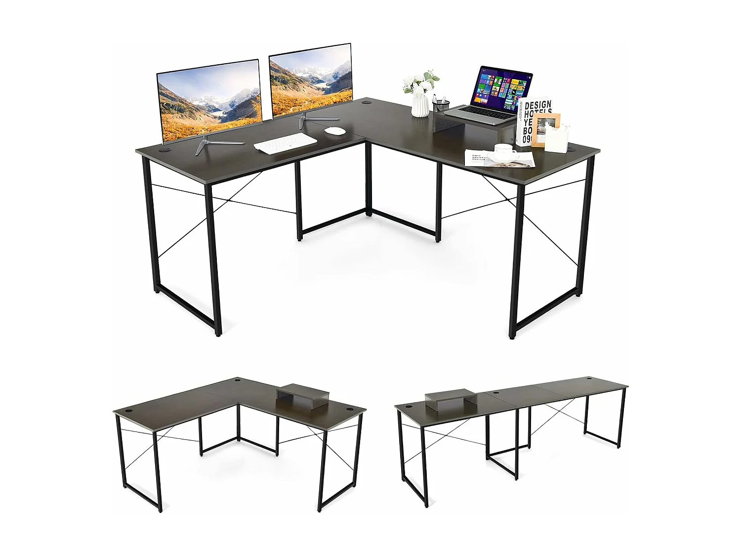 Bureau d'angle en L Réversible avec Support de Moniteur/Poste de Travail Industriel pour 2 Personnes avec 3 Trous de Câble-Assemblage Facile-150 x 150 x 74 CM, Brun