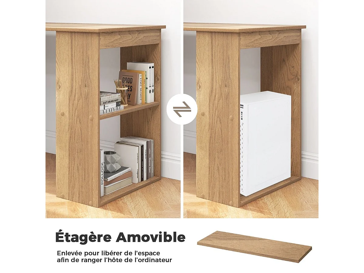 Bureau d'Ordinateur Réversible avec Bibliothèque, Poste de Travail Moderne avec Étagères de Rangement à 6 Niveaux, Assemblage Facile, pour Maison, Bureaux (Naturel)