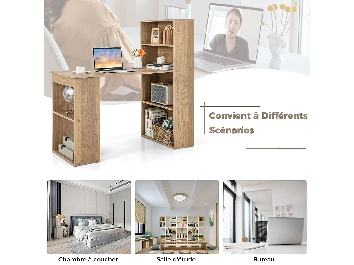 Bureau d'Ordinateur Réversible avec Bibliothèque, Poste de Travail Moderne avec Étagères de Rangement à 6 Niveaux, Assemblage Facile, pour Maison, Bureaux (Naturel)