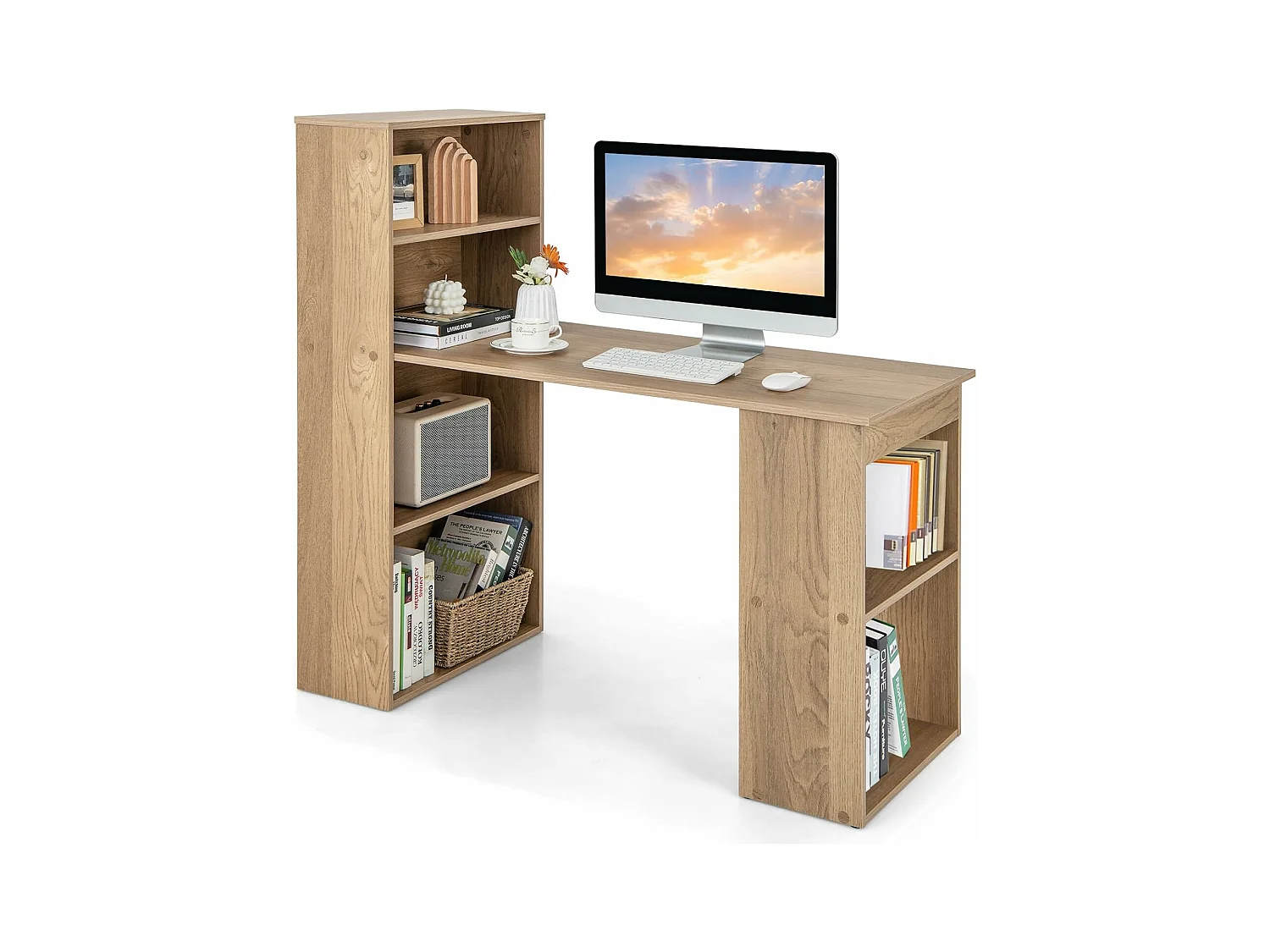 Omkeerbaar computerbureau met boekenkast, modern werkstation met 6 lagen opbergplanken, eenvoudige montage, voor thuis, kantoren (natuurlijk)