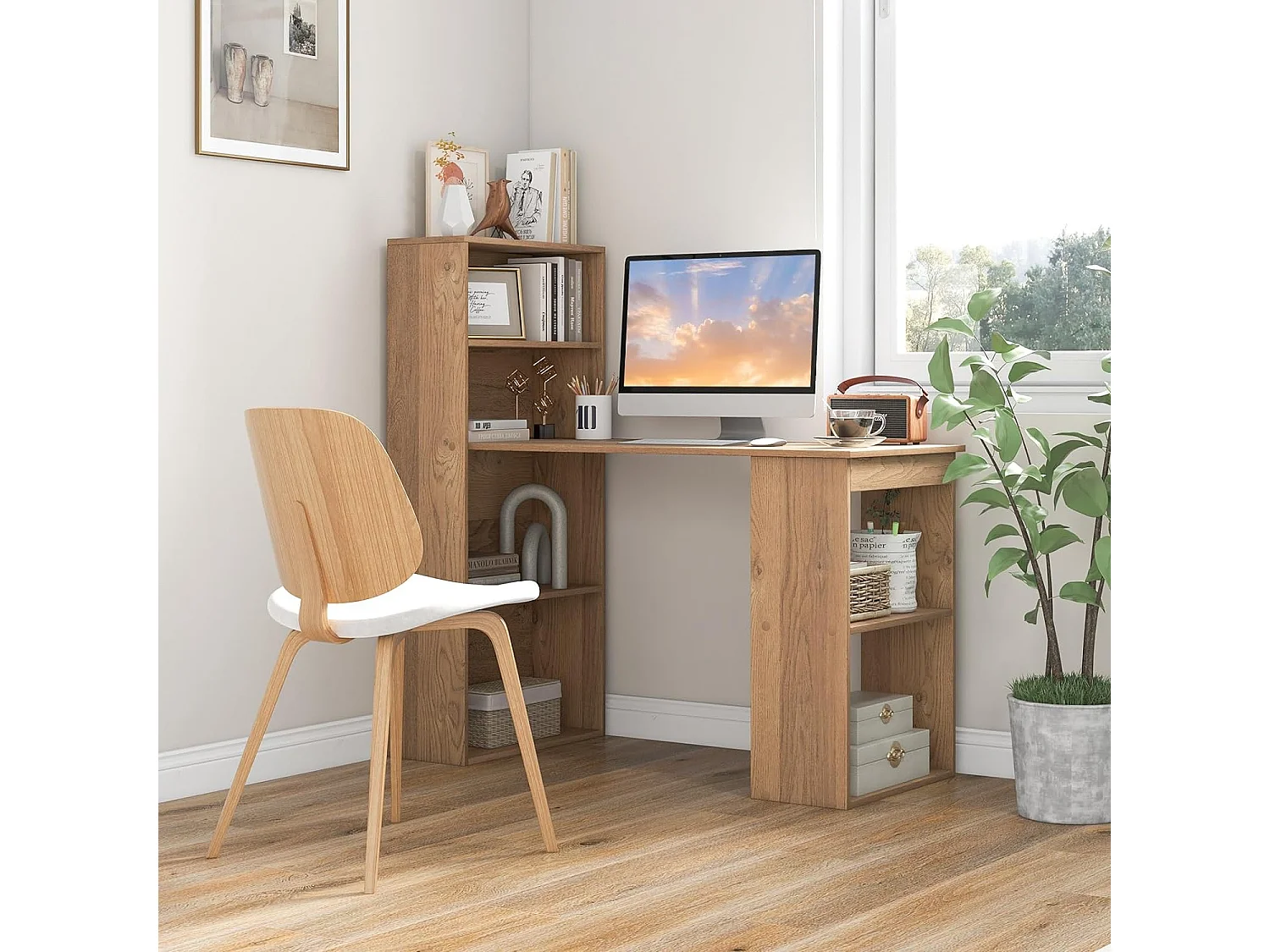 Bureau d'Ordinateur Réversible avec Bibliothèque, Poste de Travail Moderne avec Étagères de Rangement à 6 Niveaux, Assemblage Facile, pour Maison, Bureaux (Naturel)