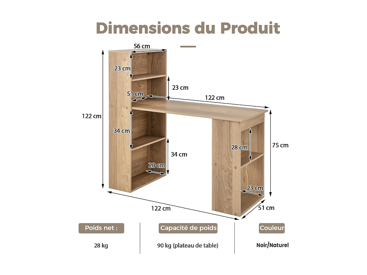 Bureau d'Ordinateur Réversible avec Bibliothèque, Poste de Travail Moderne avec Étagères de Rangement à 6 Niveaux, Assemblage Facile, pour Maison, Bureaux (Naturel)