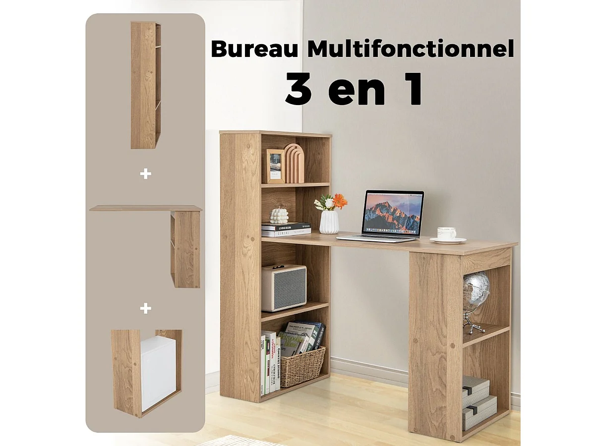 Bureau d'Ordinateur Réversible avec Bibliothèque, Poste de Travail Moderne avec Étagères de Rangement à 6 Niveaux, Assemblage Facile, pour Maison, Bureaux (Naturel)