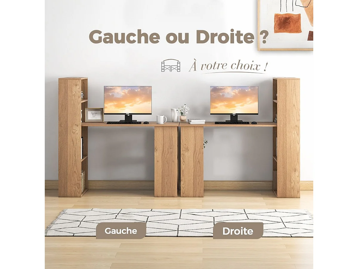 Bureau d'Ordinateur Réversible avec Bibliothèque, Poste de Travail Moderne avec Étagères de Rangement à 6 Niveaux, Assemblage Facile, pour Maison, Bureaux (Naturel)