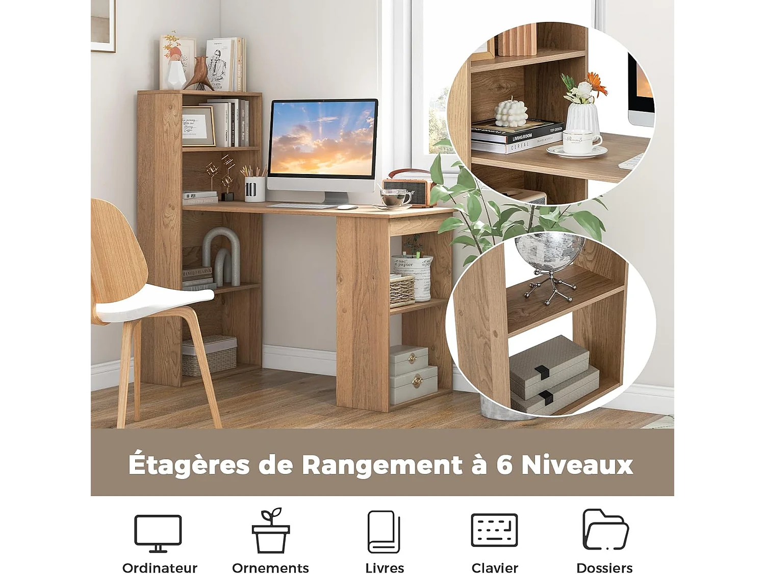 Bureau d'Ordinateur Réversible avec Bibliothèque, Poste de Travail Moderne avec Étagères de Rangement à 6 Niveaux, Assemblage Facile, pour Maison, Bureaux (Naturel)