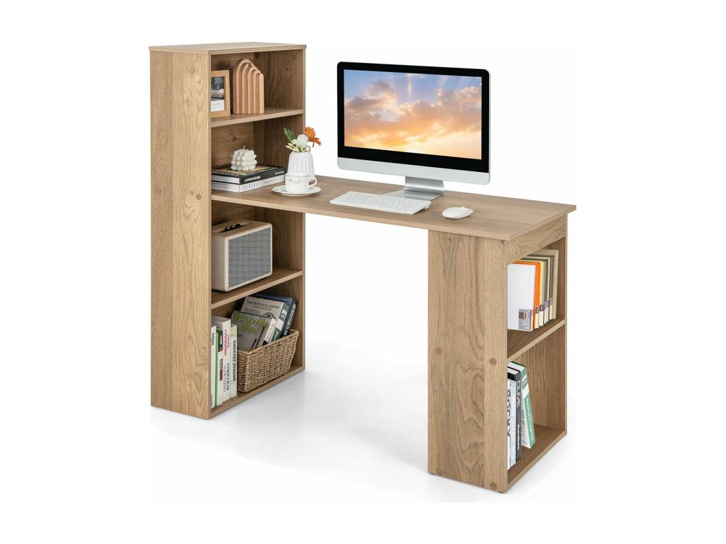 Bureau d'Ordinateur Réversible avec Bibliothèque, Poste de Travail Moderne avec Étagères de Rangement à 6 Niveaux, Assemblage Facile, pour Maison, Bureaux (Naturel)
