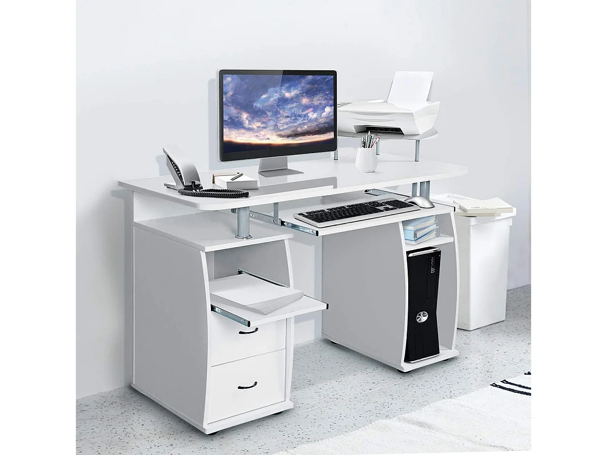 Bureau Informatique Table de Bureau en MDF pour Ordinateur Multi-Rangements avec Tablette Imprimante, Tablette à Clavier Coulissante, 2 Tiroirs 120x55x85cm Blanc