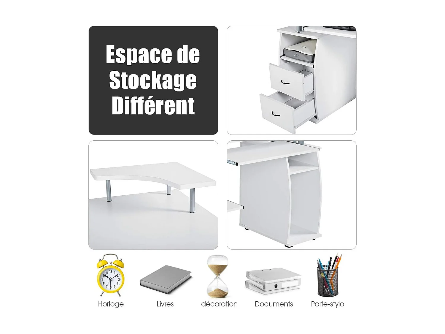 Bureau Informatique Table de Bureau en MDF pour Ordinateur Multi-Rangements avec Tablette Imprimante, Tablette à Clavier Coulissante, 2 Tiroirs 120x55x85cm Blanc