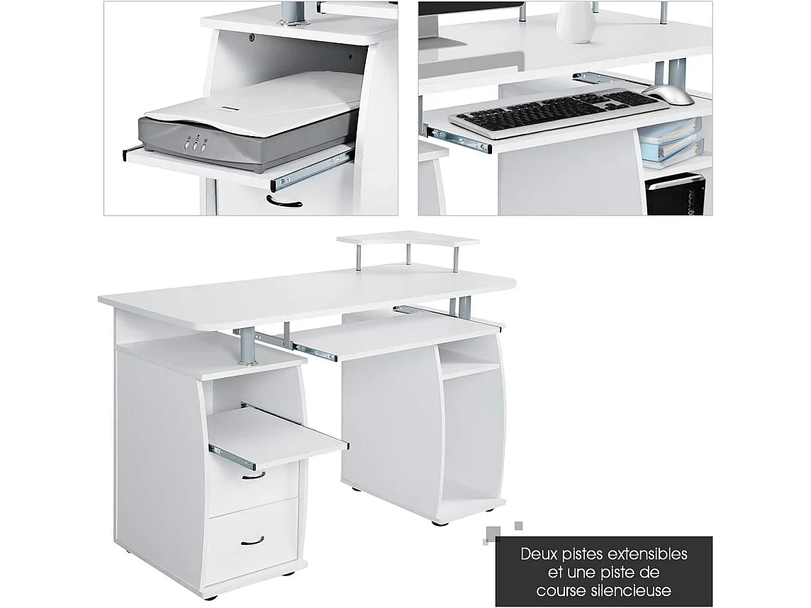Bureau Informatique Table de Bureau en MDF pour Ordinateur Multi-Rangements avec Tablette Imprimante, Tablette à Clavier Coulissante, 2 Tiroirs 120x55x85cm Blanc
