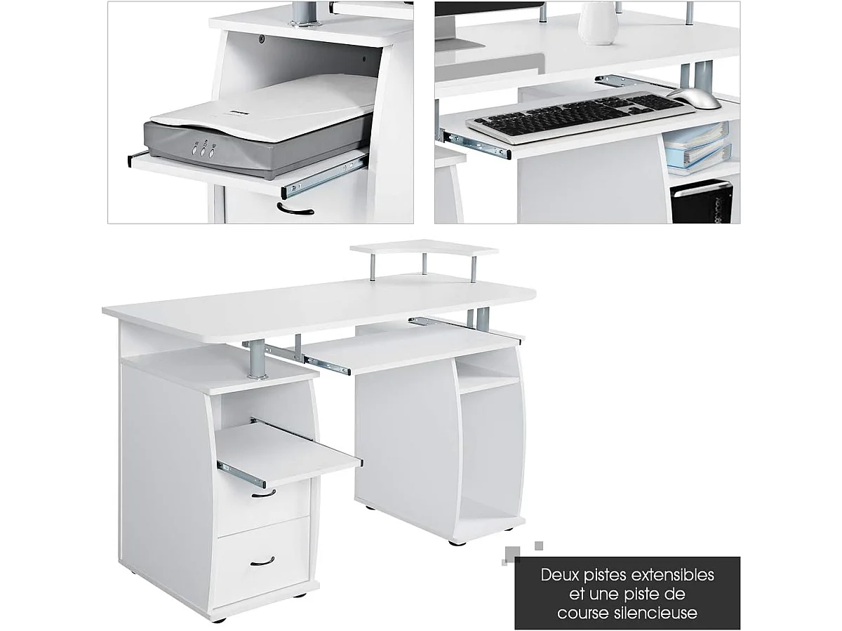 Bureau Informatique Table de Bureau en MDF pour Ordinateur Multi-Rangements avec Tablette Imprimante, Tablette à Clavier Coulissante, 2 Tiroirs 120x55x85cm Blanc