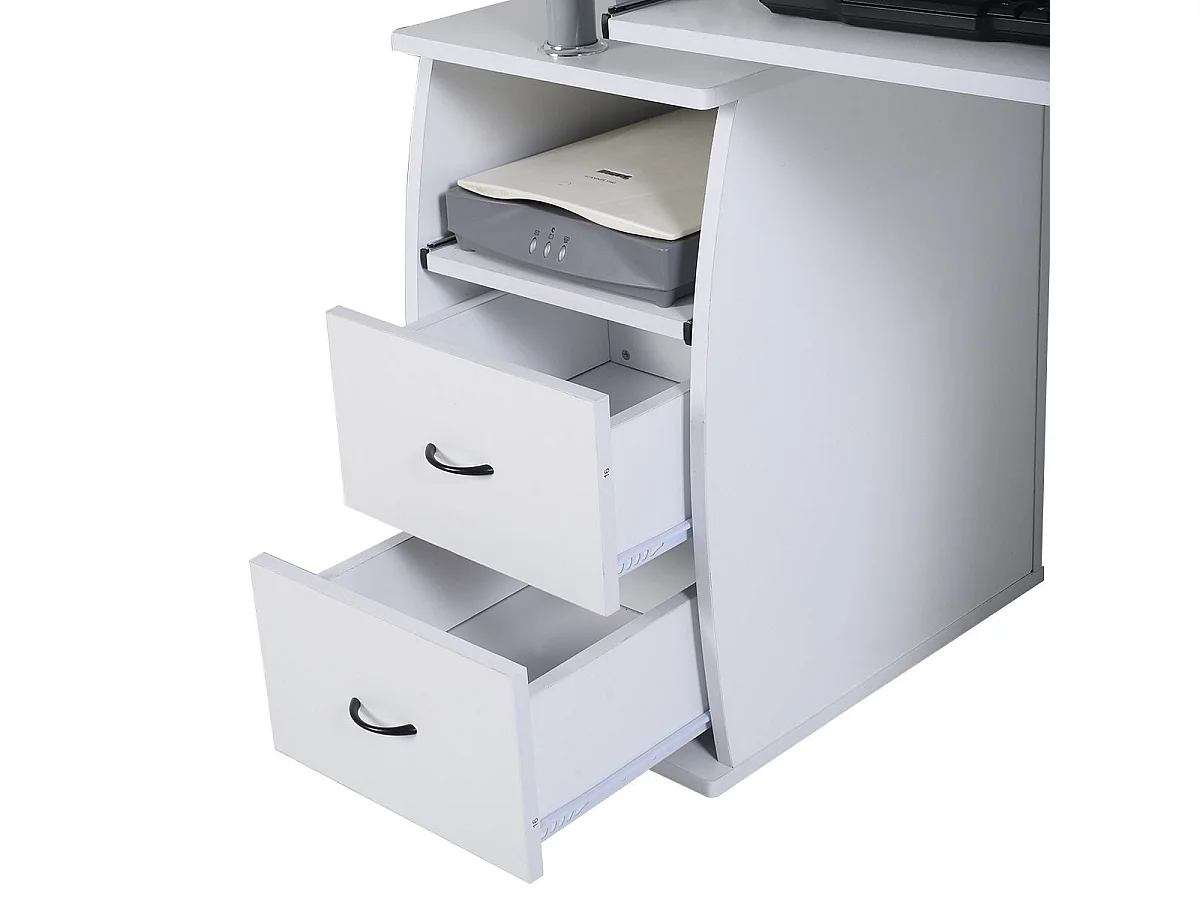 Bureau Informatique Table de Bureau en MDF pour Ordinateur Multi-Rangements avec Tablette Imprimante, Tablette à Clavier Coulissante, 2 Tiroirs 120x55x85cm Blanc