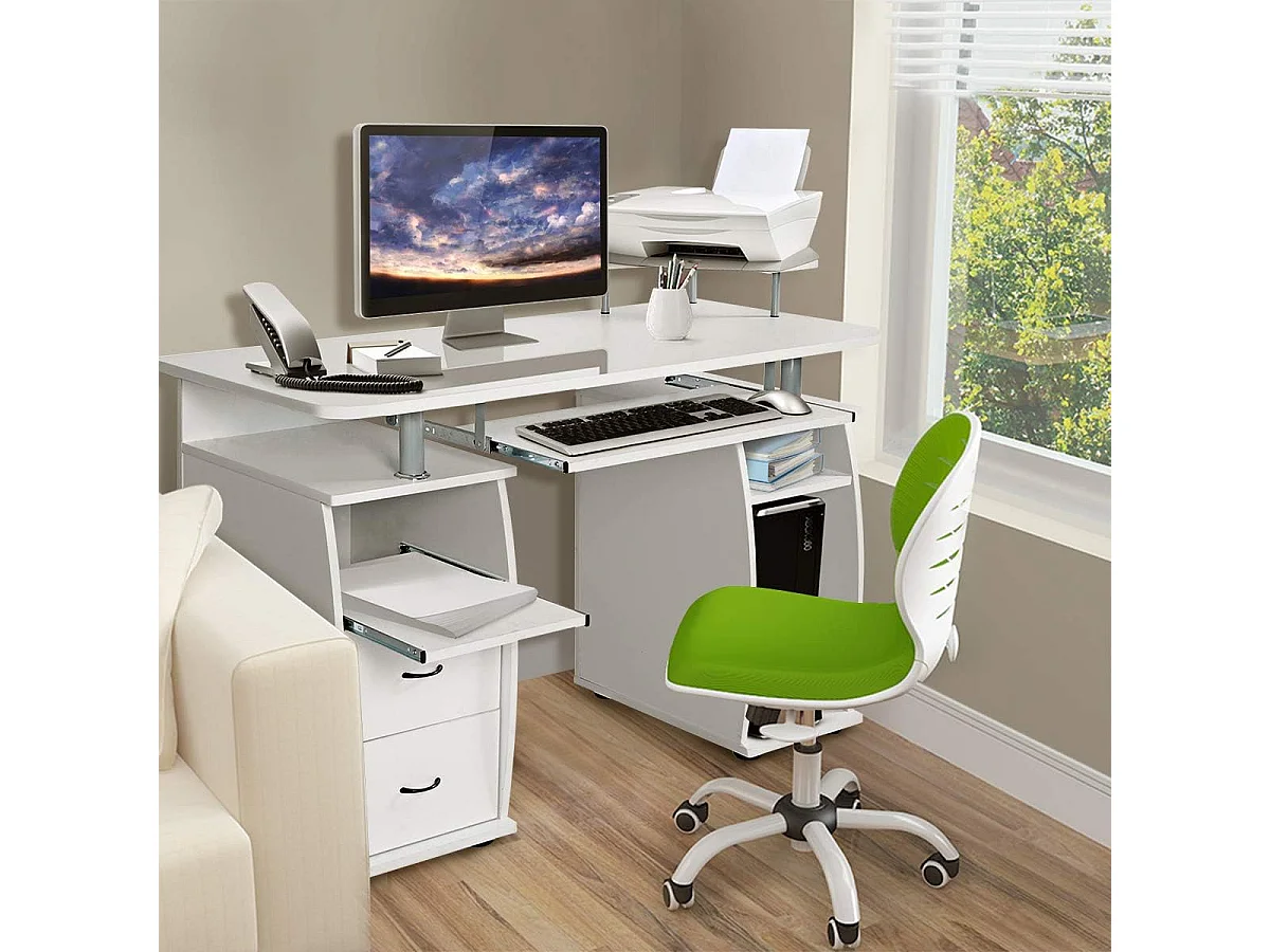 Bureau Informatique Table de Bureau en MDF pour Ordinateur Multi-Rangements avec Tablette Imprimante, Tablette à Clavier Coulissante, 2 Tiroirs 120x55x85cm Blanc