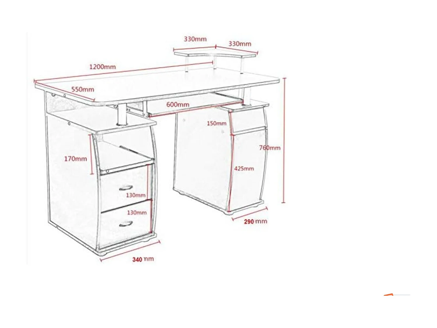 Bureau Informatique Table de Bureau en MDF pour Ordinateur Multi-Rangements avec Tablette Imprimante, Tablette à Clavier Coulissante, 2 Tiroirs 120x55x85cm Blanc