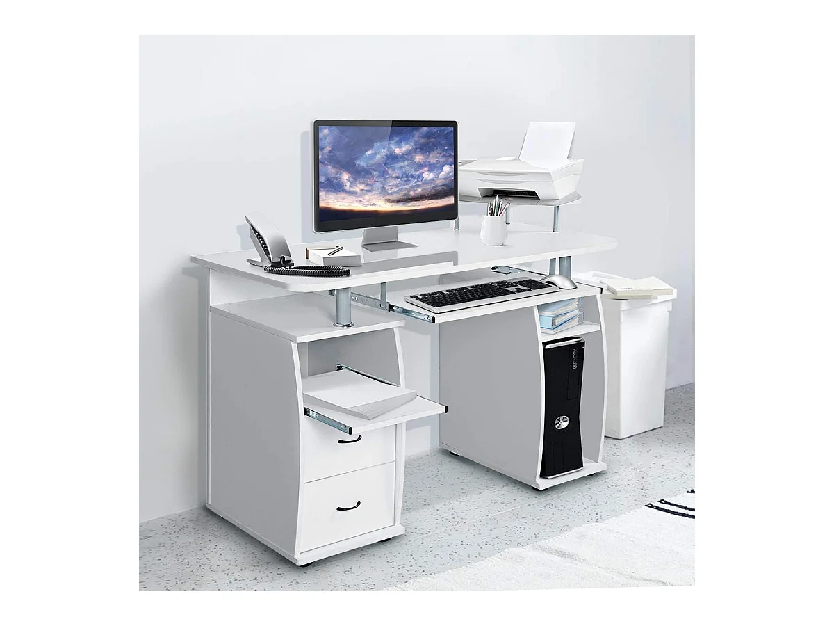 Bureau Informatique Table de Bureau en MDF pour Ordinateur Multi-Rangements avec Tablette Imprimante, Tablette à Clavier Coulissante, 2 Tiroirs 120x55x85cm Blanc