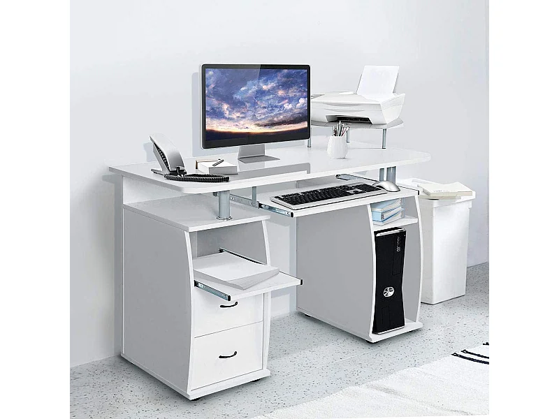 Bureau Informatique Table de Bureau en MDF pour Ordinateur Multi-Rangements avec Tablette Imprimante, Tablette à Clavier Coulissante, 2 Tiroirs 120x55x85cm Blanc