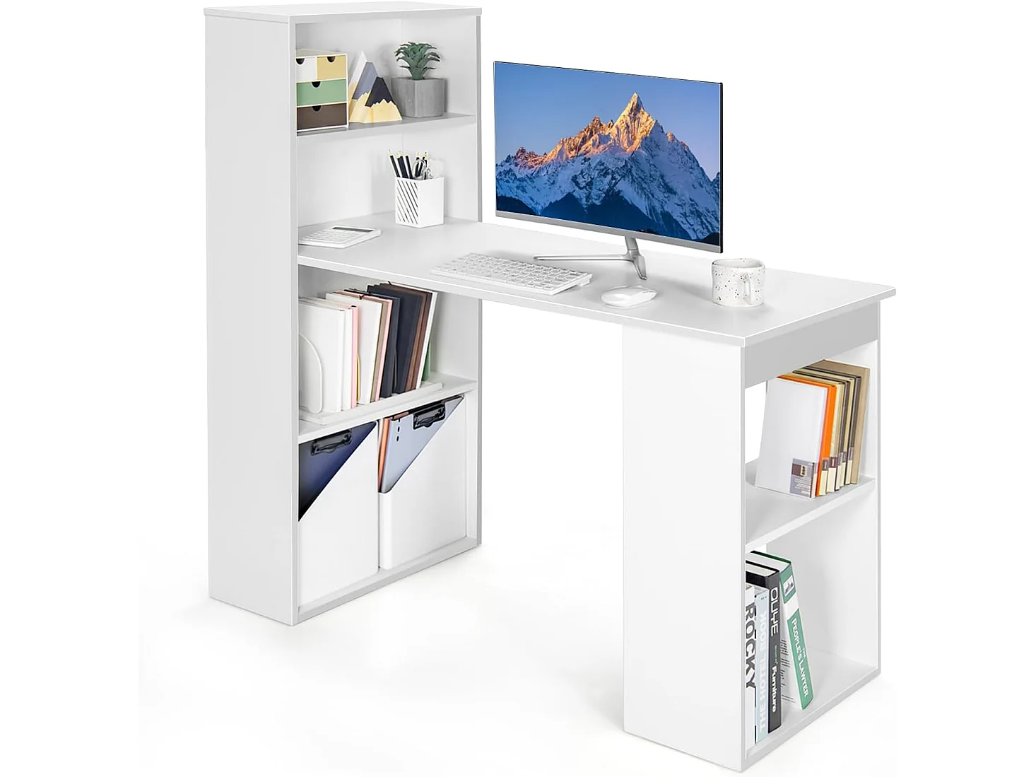 Bureau d'Ordinateur Réversible avec Bibliothèque, Poste de Travail Moderne avec Étagères de Rangement à 6 Niveaux, Assemblage Facile, pour Maison, Bureaux (Blanc)
