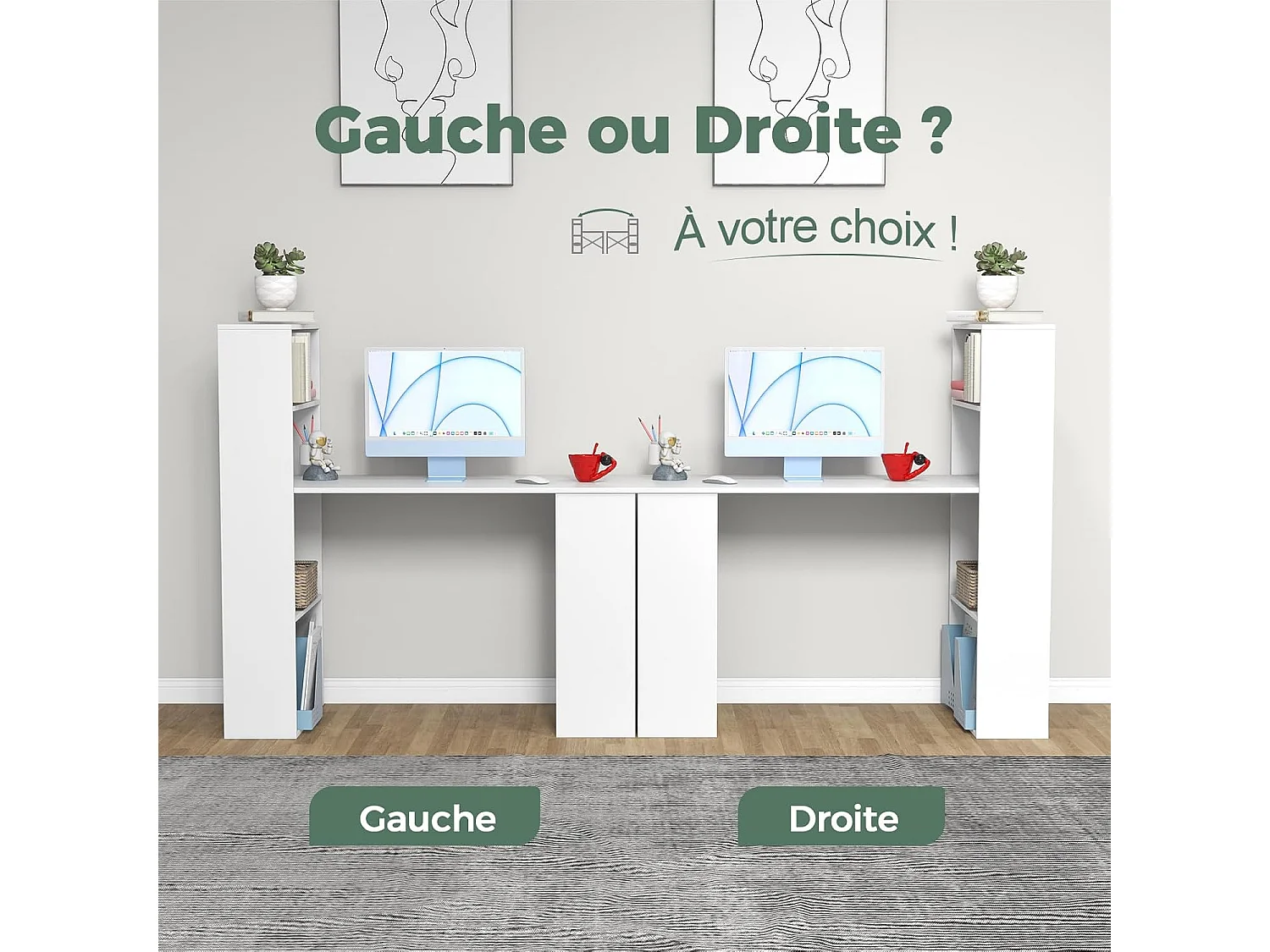 Bureau d'Ordinateur Réversible avec Bibliothèque, Poste de Travail Moderne avec Étagères de Rangement à 6 Niveaux, Assemblage Facile, pour Maison, Bureaux (Blanc)