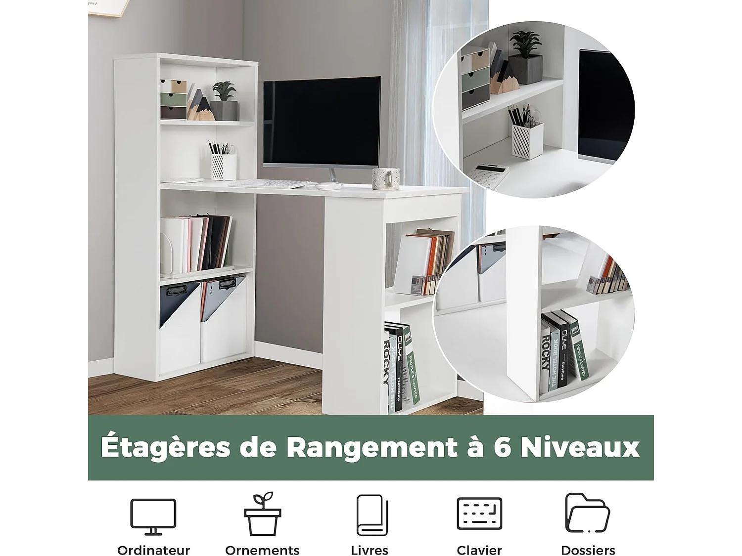 Bureau d'Ordinateur Réversible avec Bibliothèque, Poste de Travail Moderne avec Étagères de Rangement à 6 Niveaux, Assemblage Facile, pour Maison, Bureaux (Blanc)