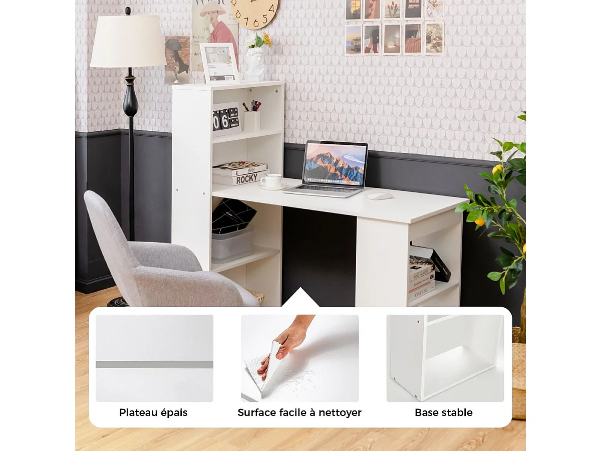 Bureau d'Ordinateur Réversible avec Bibliothèque, Poste de Travail Moderne avec Étagères de Rangement à 6 Niveaux, Assemblage Facile, pour Maison, Bureaux (Blanc)