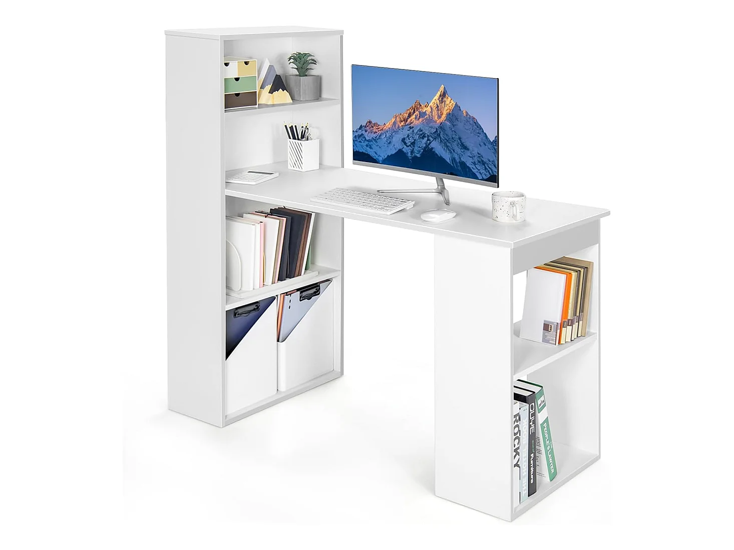 Bureau d'Ordinateur Réversible avec Bibliothèque, Poste de Travail Moderne avec Étagères de Rangement à 6 Niveaux, Assemblage Facile, pour Maison, Bureaux (Blanc)