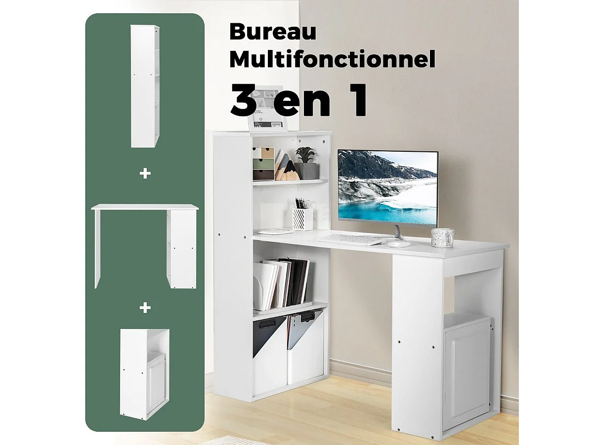 Bureau d'Ordinateur Réversible avec Bibliothèque, Poste de Travail Moderne avec Étagères de Rangement à 6 Niveaux, Assemblage Facile, pour Maison, Bureaux (Blanc)