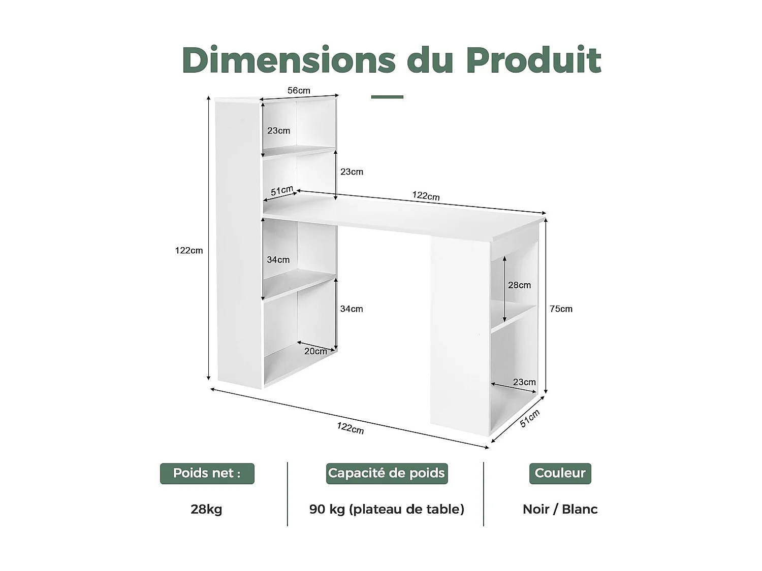 Bureau d'Ordinateur Réversible avec Bibliothèque, Poste de Travail Moderne avec Étagères de Rangement à 6 Niveaux, Assemblage Facile, pour Maison, Bureaux (Blanc)