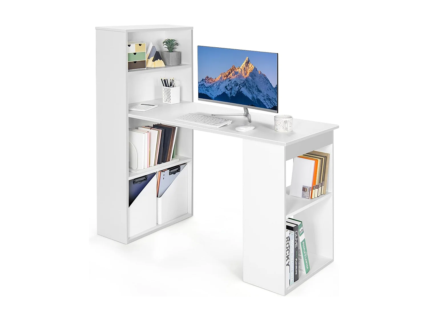 Bureau d'Ordinateur Réversible avec Bibliothèque, Poste de Travail Moderne avec Étagères de Rangement à 6 Niveaux, Assemblage Facile, pour Maison, Bureaux (Blanc)