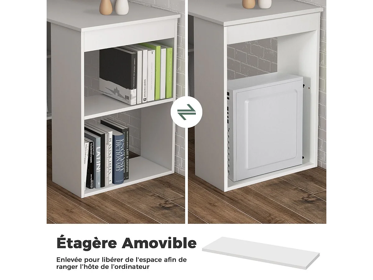 Bureau d'Ordinateur Réversible avec Bibliothèque, Poste de Travail Moderne avec Étagères de Rangement à 6 Niveaux, Assemblage Facile, pour Maison, Bureaux (Blanc)