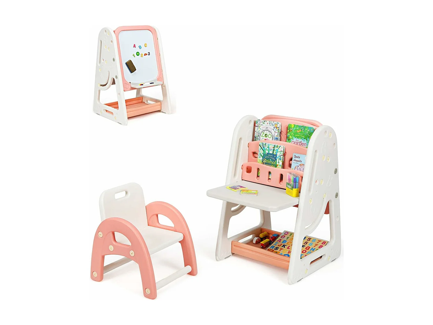 2en1 Tableau Magnétique Enfant Double Face avec Tabouret,Bureau Pliable,Etagère de Livres Accessoires Hauteur Réglable HDPE