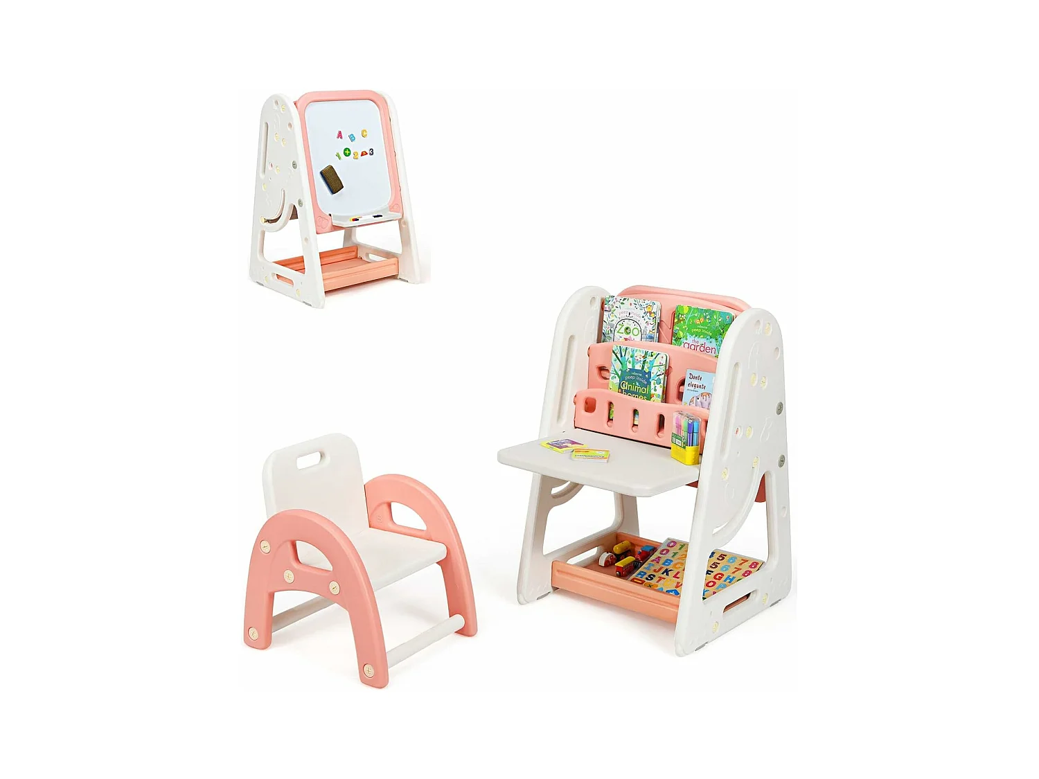 2en1 Tableau Magnétique Enfant Double Face avec Tabouret,Bureau Pliable,Etagère de Livres Accessoires Hauteur Réglable HDPE