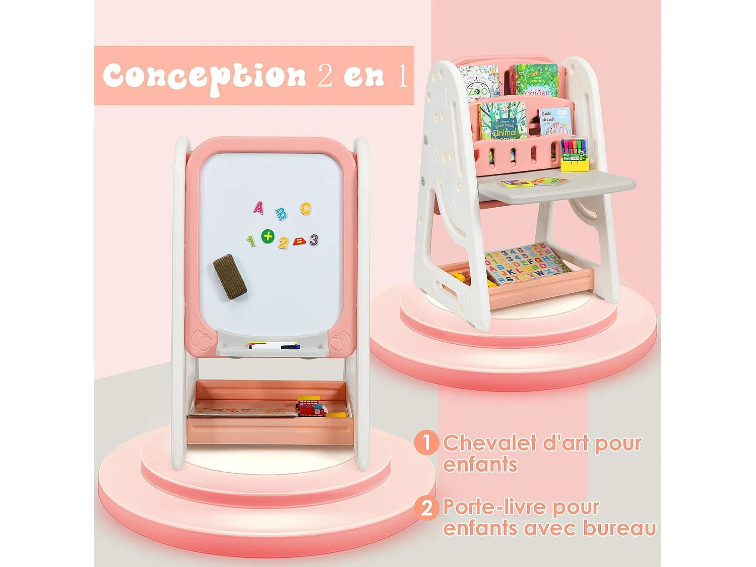 2en1 Tableau Magnétique Enfant Double Face avec Tabouret,Bureau Pliable,Etagère de Livres Accessoires Hauteur Réglable HDPE