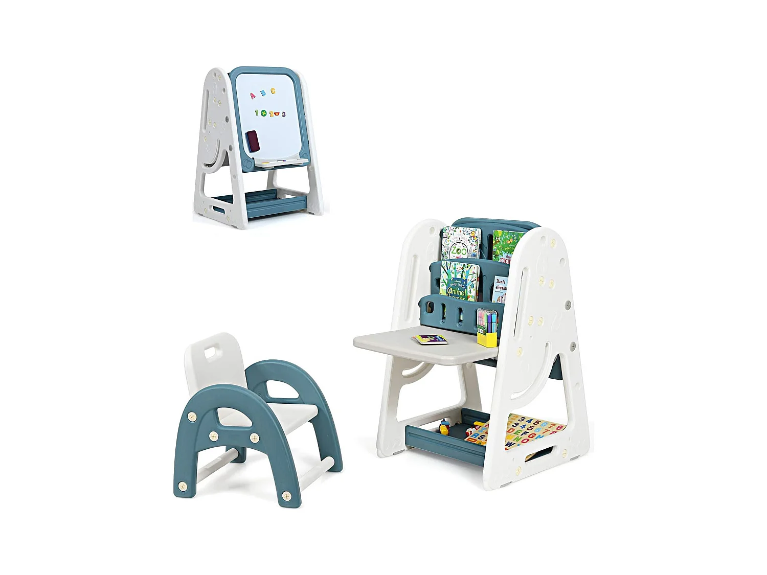 2en1 Tableau Magnétique Enfant Double Face avec Tabouret,Bureau Pliable,Etagère de Livres Accessoires Hauteur Réglable HDPE