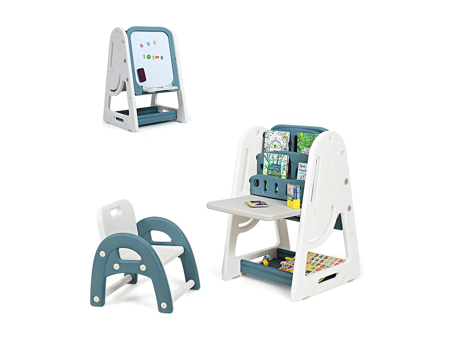 2en1 Tableau Magnétique Enfant Double Face avec Tabouret,Bureau Pliable,Etagère de Livres Accessoires Hauteur Réglable HDPE