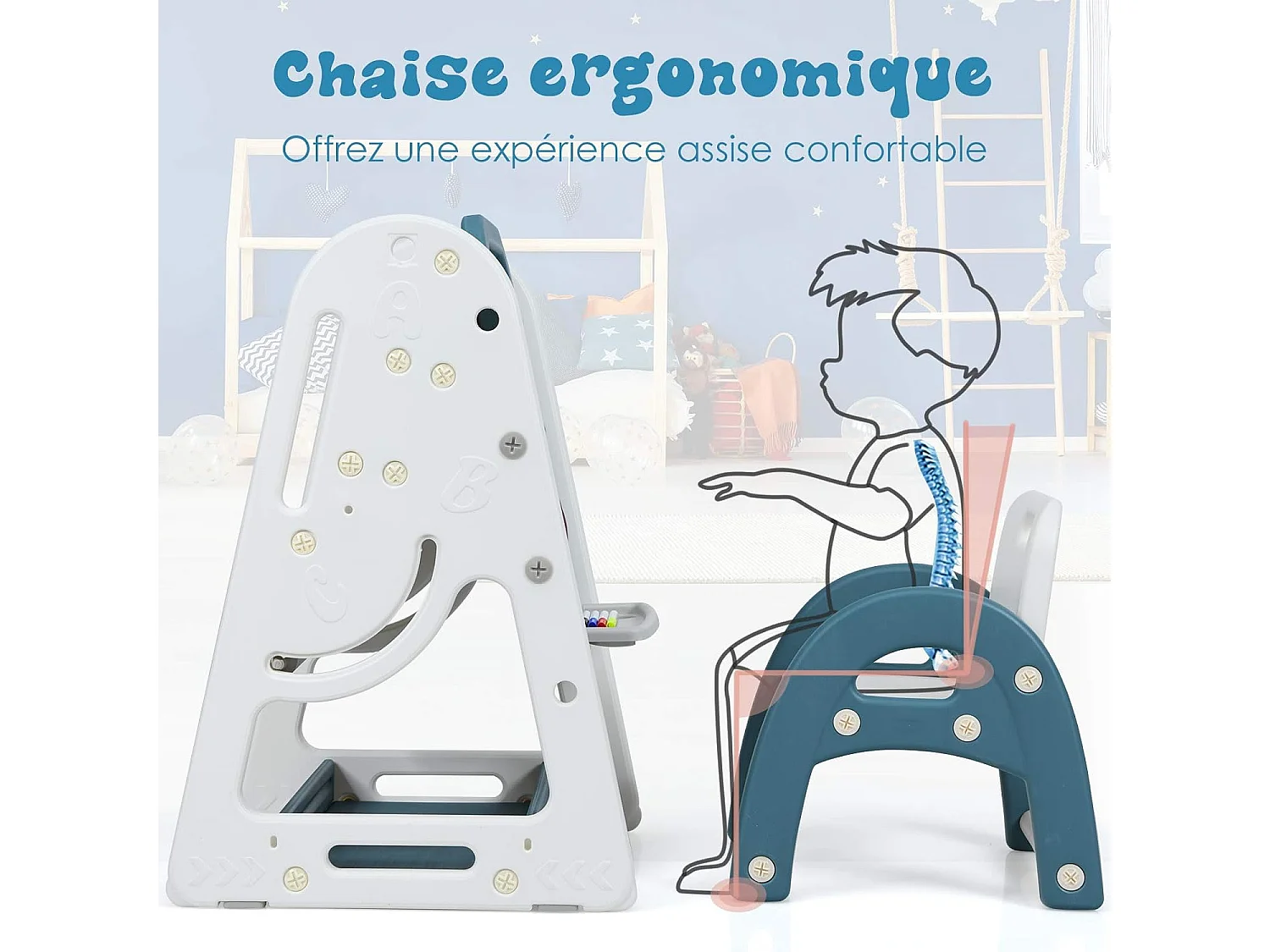 2en1 Tableau Magnétique Enfant Double Face avec Tabouret,Bureau Pliable,Etagère de Livres Accessoires Hauteur Réglable HDPE