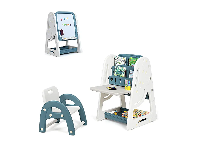2en1 Tableau Magnétique Enfant Double Face avec Tabouret,Bureau Pliable,Etagère de Livres Accessoires Hauteur Réglable HDPE
