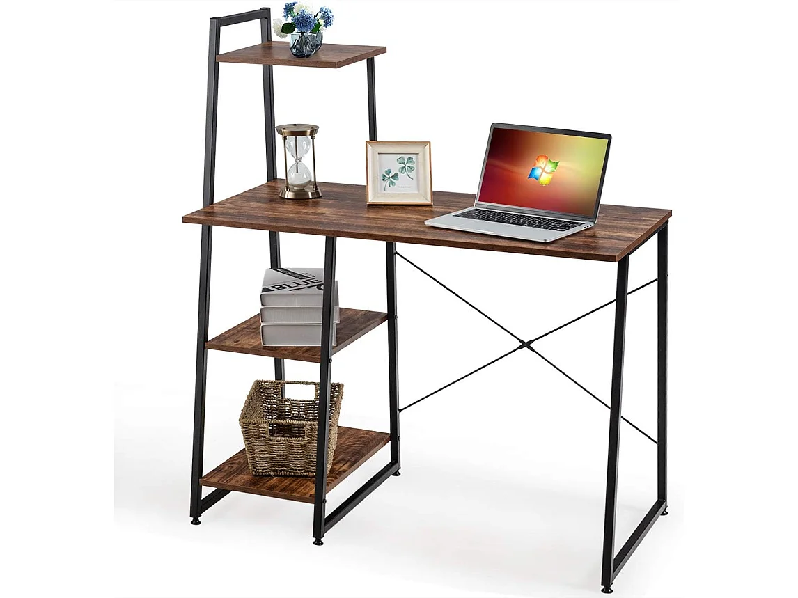 Bureau d'Ordinateur avec 4 Étagères de Rangement Bureau Informatique Cadre Métal en Forme de X Patin Réglable 98 x 50 x 118CM pour Bureau,Domicile (Marron Rustique)