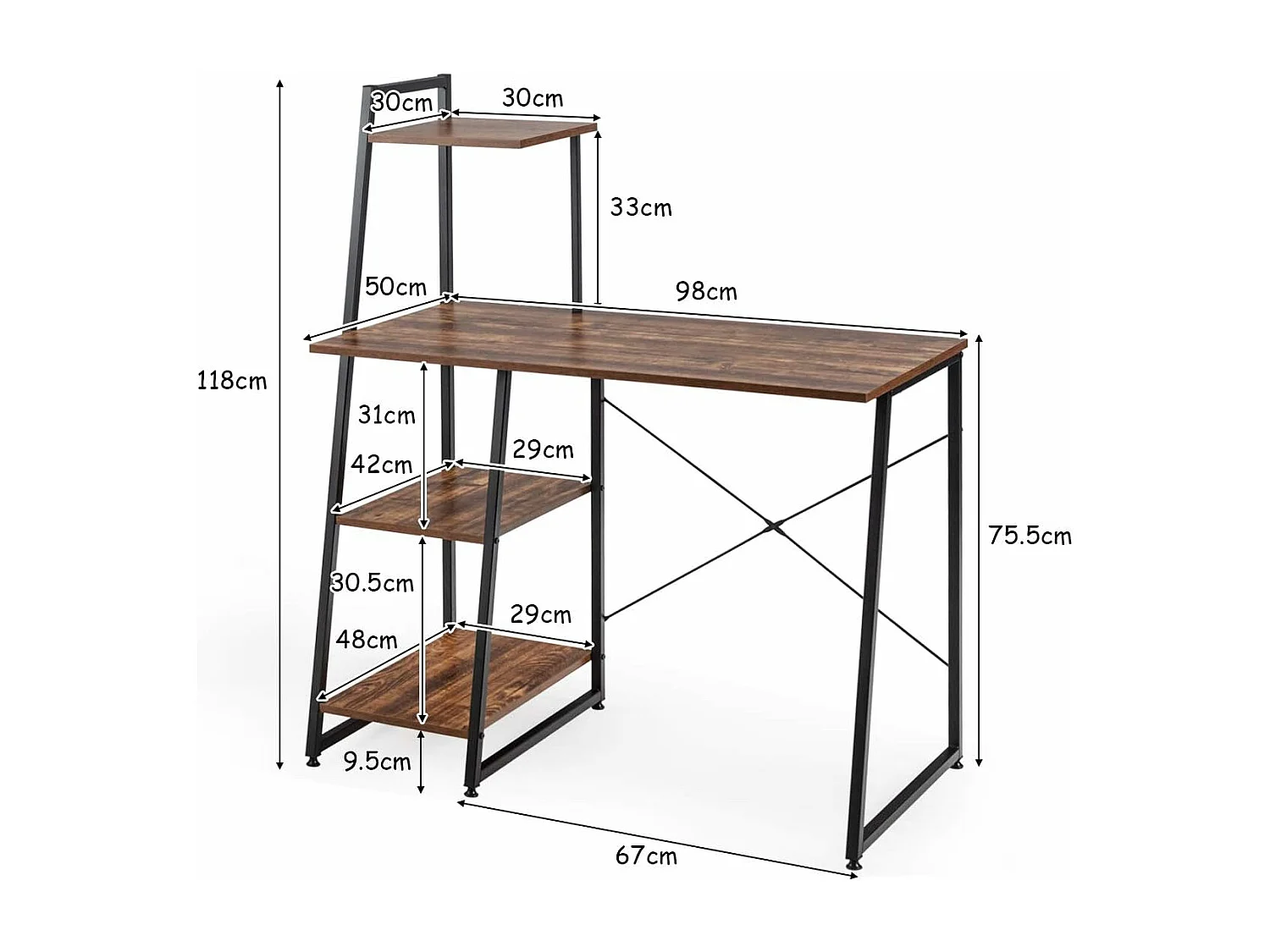 Bureau d'Ordinateur avec 4 Étagères de Rangement Bureau Informatique Cadre Métal en Forme de X Patin Réglable 98 x 50 x 118CM pour Bureau,Domicile (Marron Rustique)