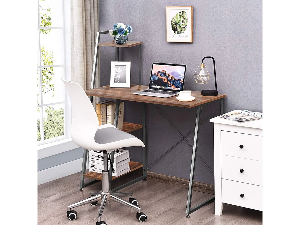 Bureau d'Ordinateur avec 4 Étagères de Rangement Bureau Informatique Cadre Métal en Forme de X Patin Réglable 98 x 50 x 118CM pour Bureau,Domicile (Marron Rustique)