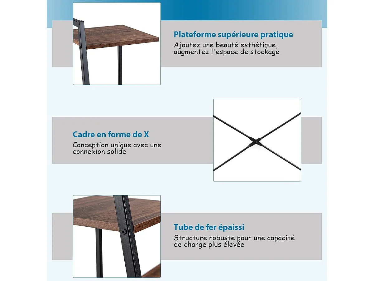 Bureau d'Ordinateur avec 4 Étagères de Rangement Bureau Informatique Cadre Métal en Forme de X Patin Réglable 98 x 50 x 118CM pour Bureau,Domicile (Marron Rustique)